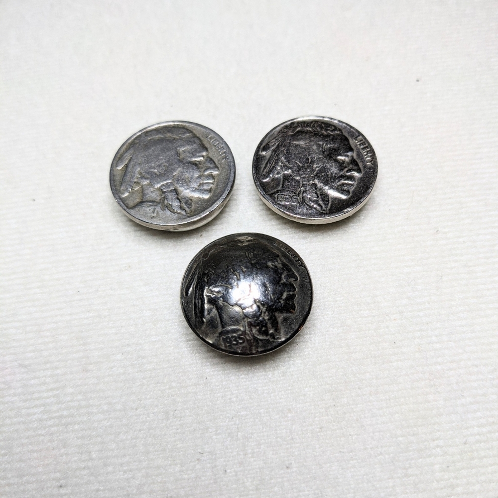 Vintage Buffalo Nickel Button Covers 1927, 1935, 1936 3 pc Coin Silver